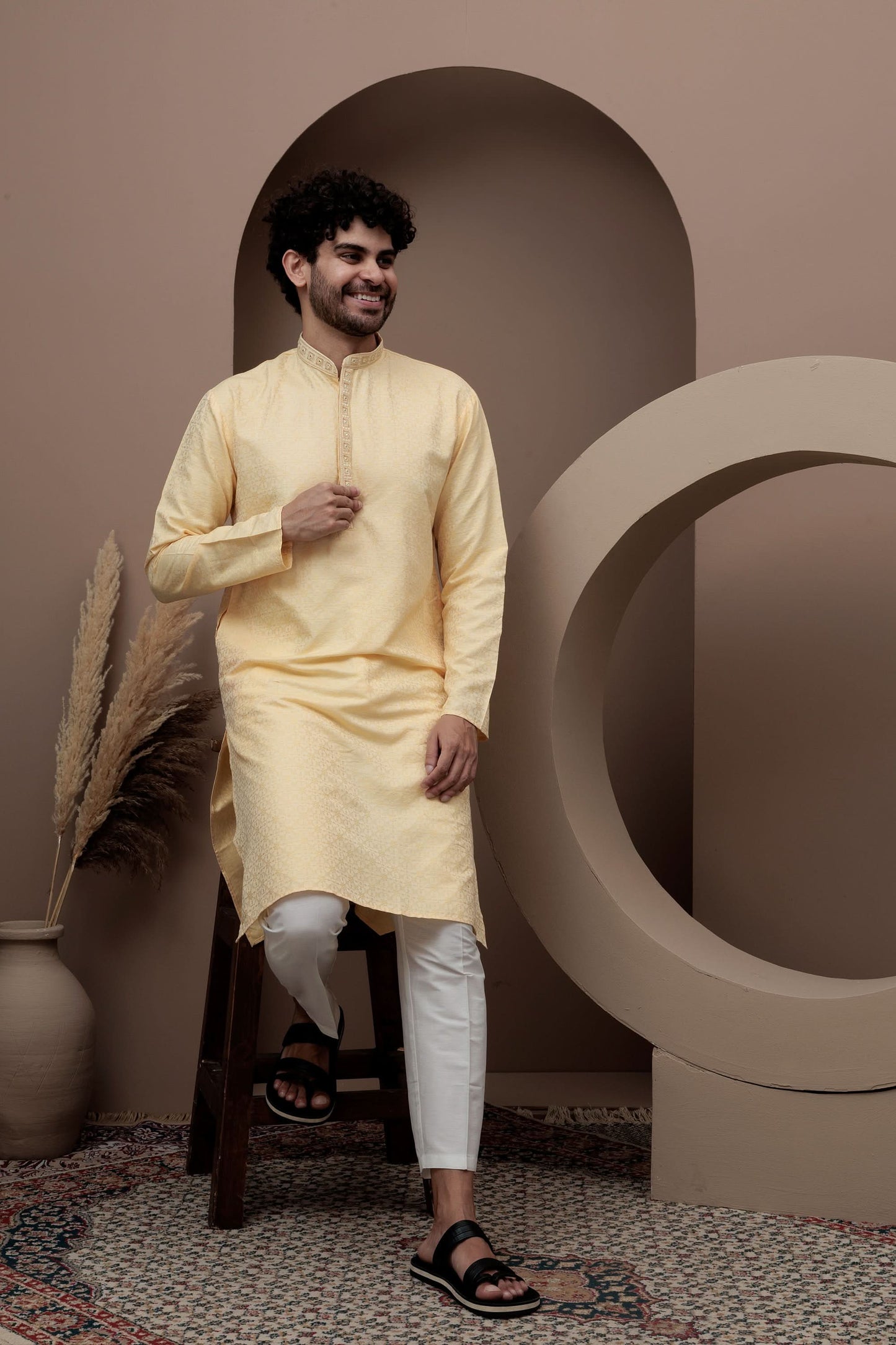 Yellow cotton silk kurta pajama for festive occasions