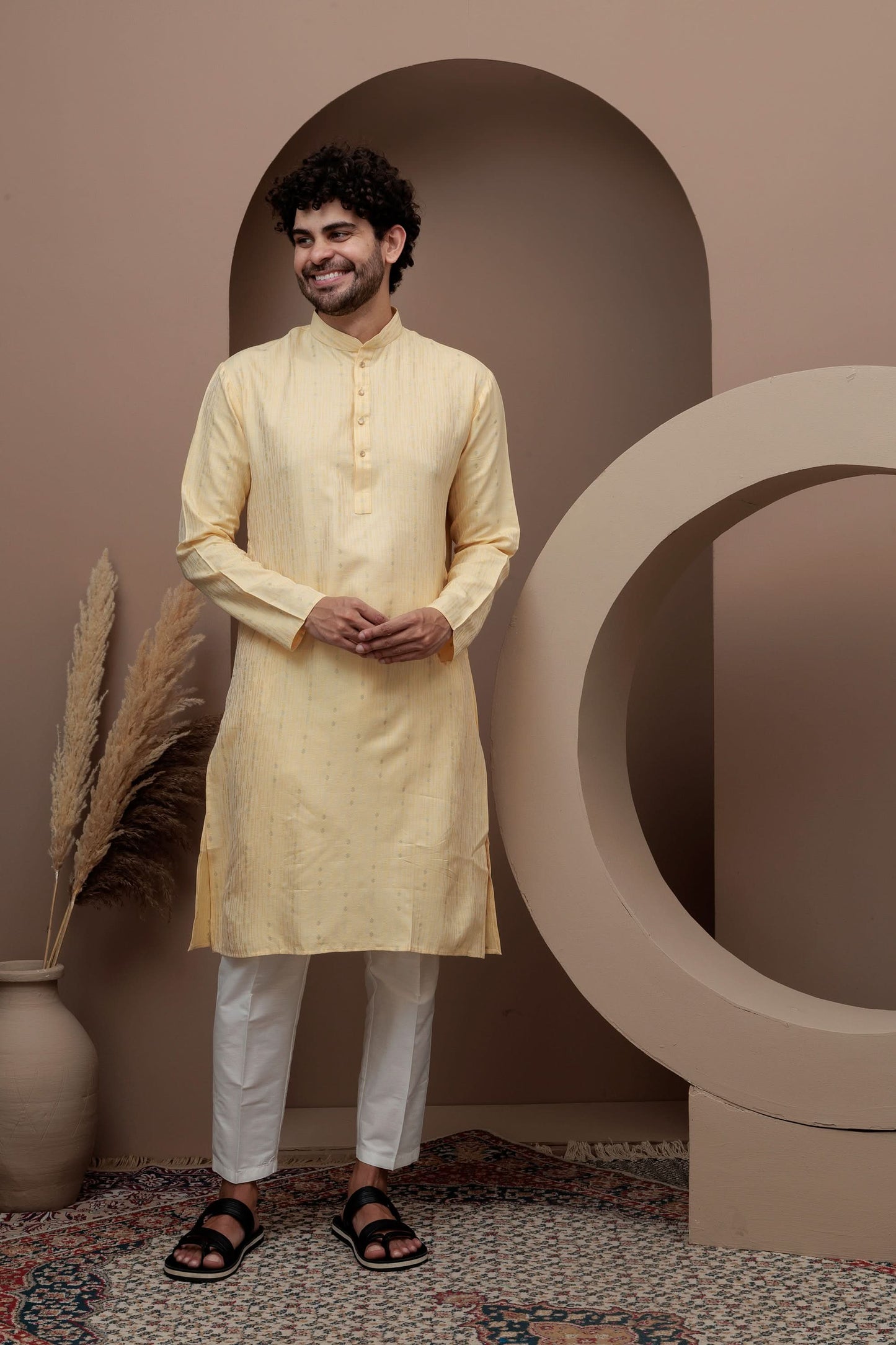 Yellow cotton silk kurta pajama for festive occasions