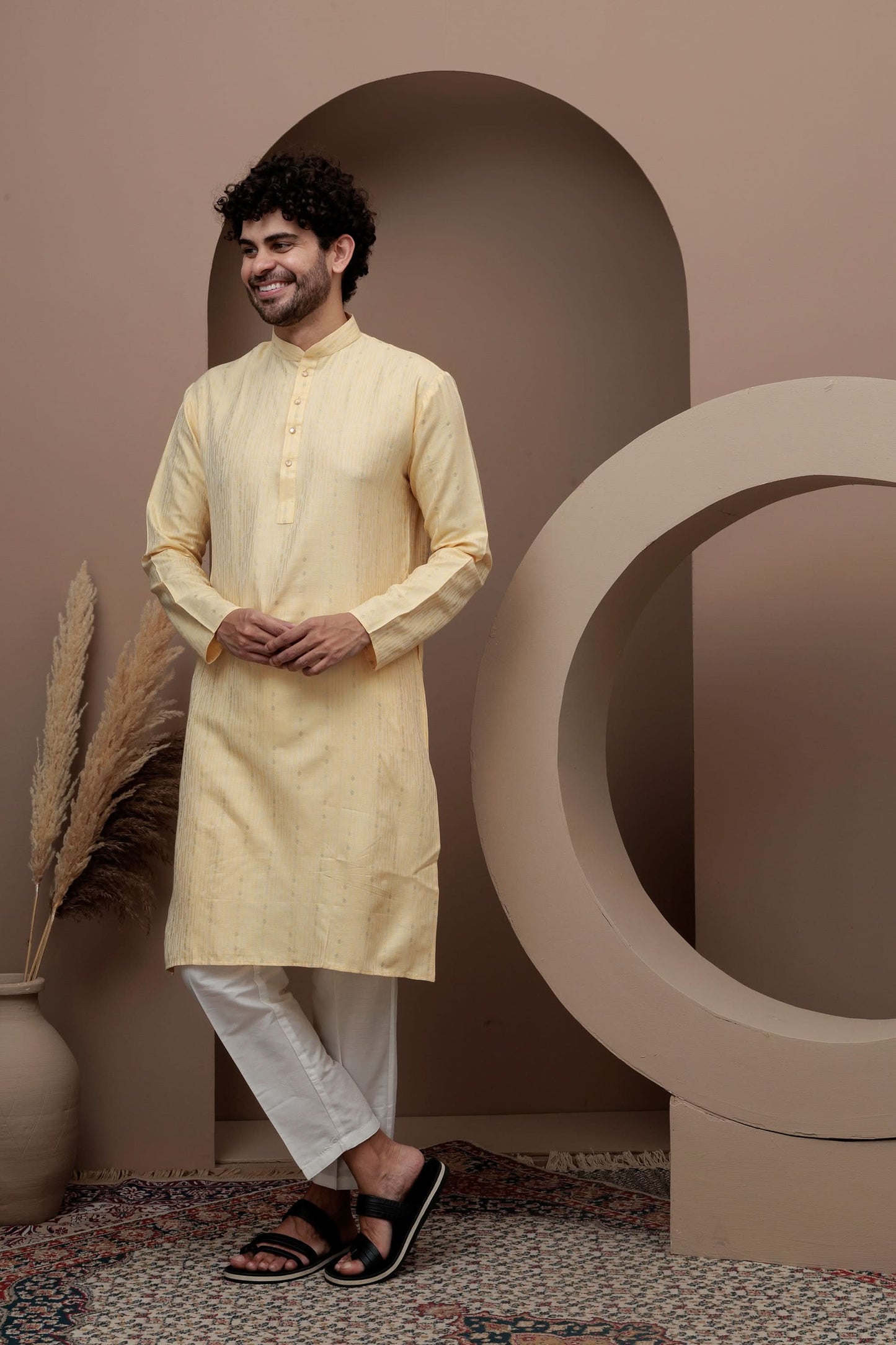 Yellow cotton silk kurta pajama for festive occasions
