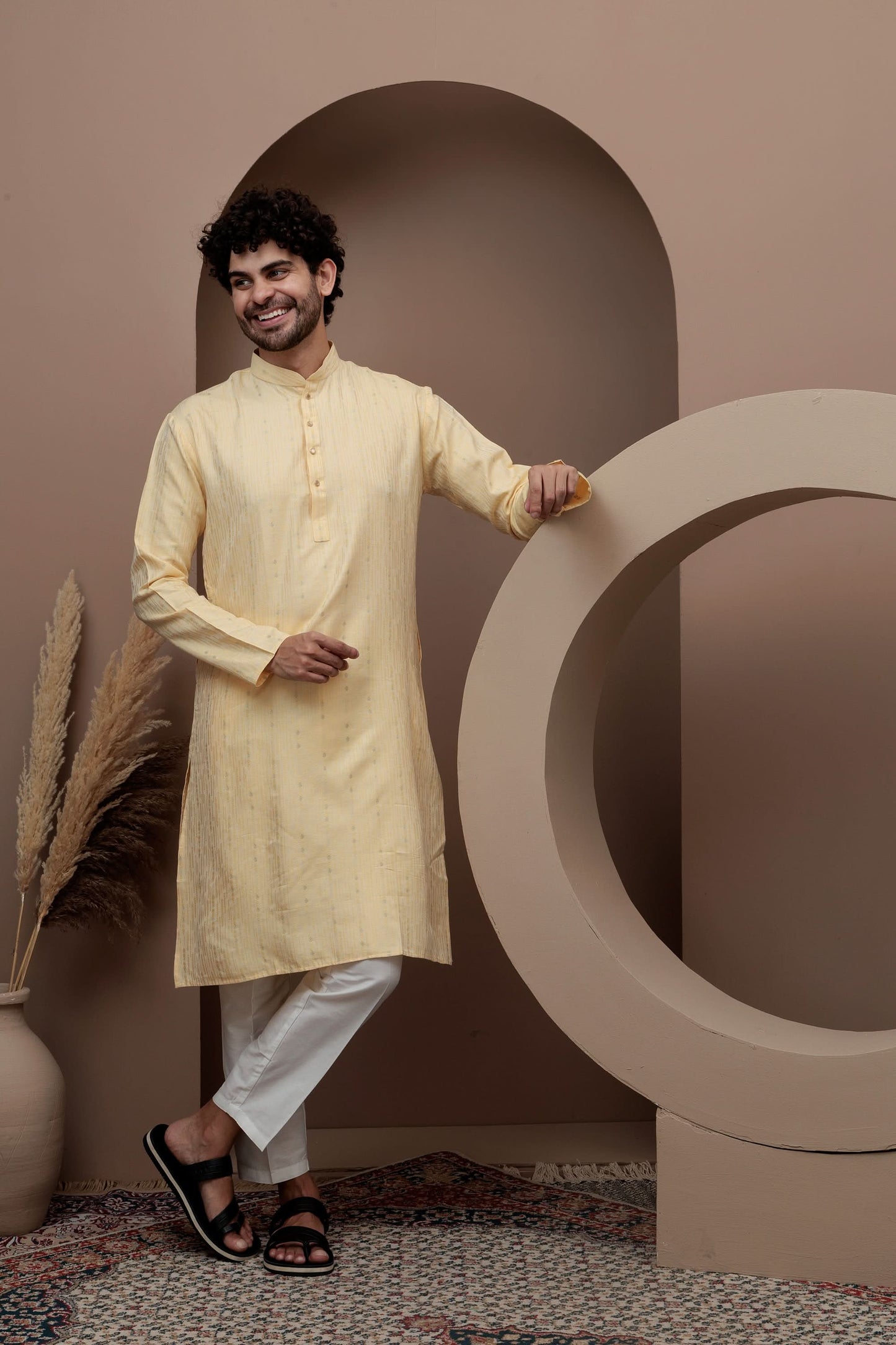 Yellow cotton silk kurta pajama for festive occasions
