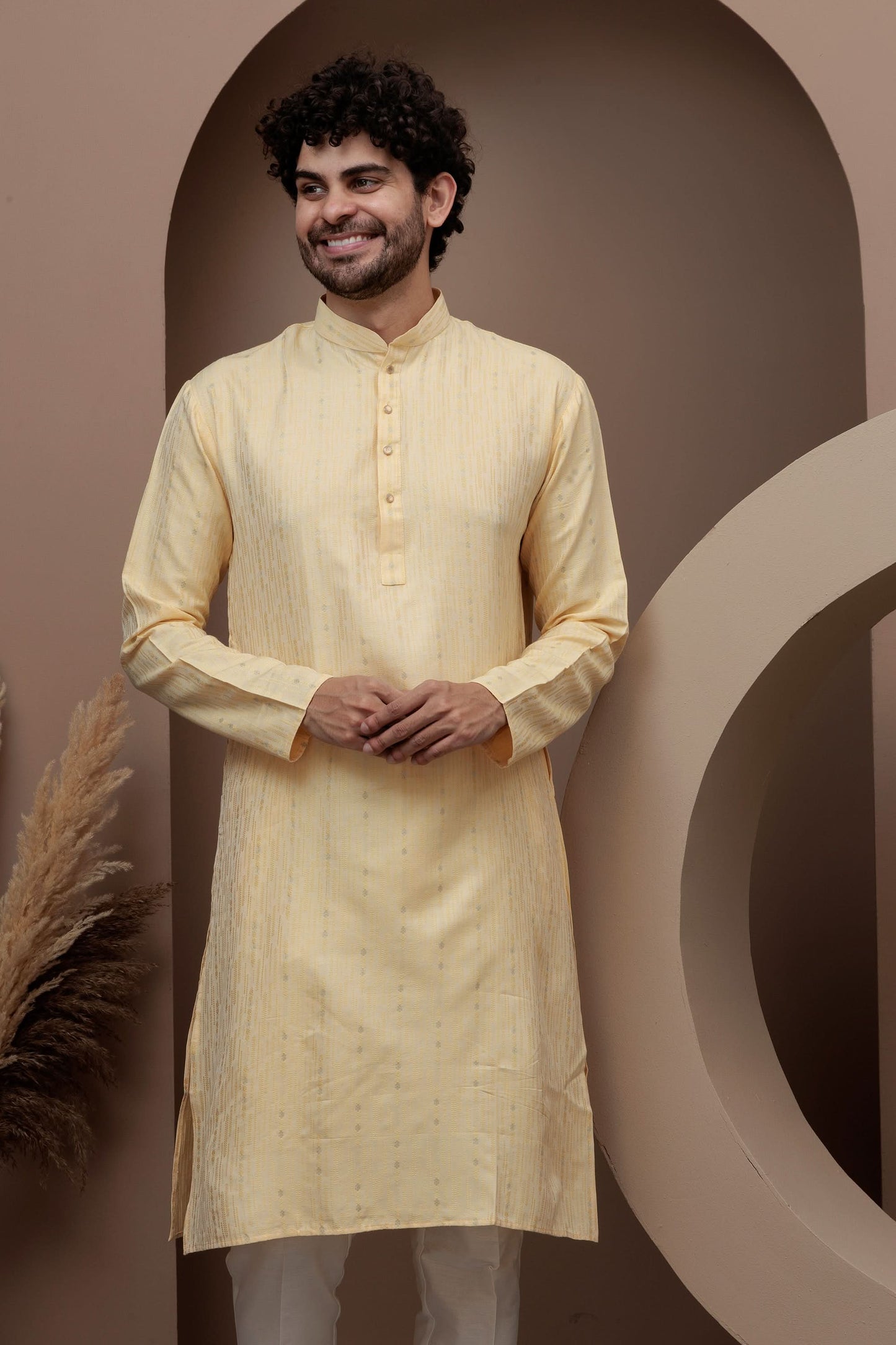 Yellow cotton silk kurta pajama for festive occasions