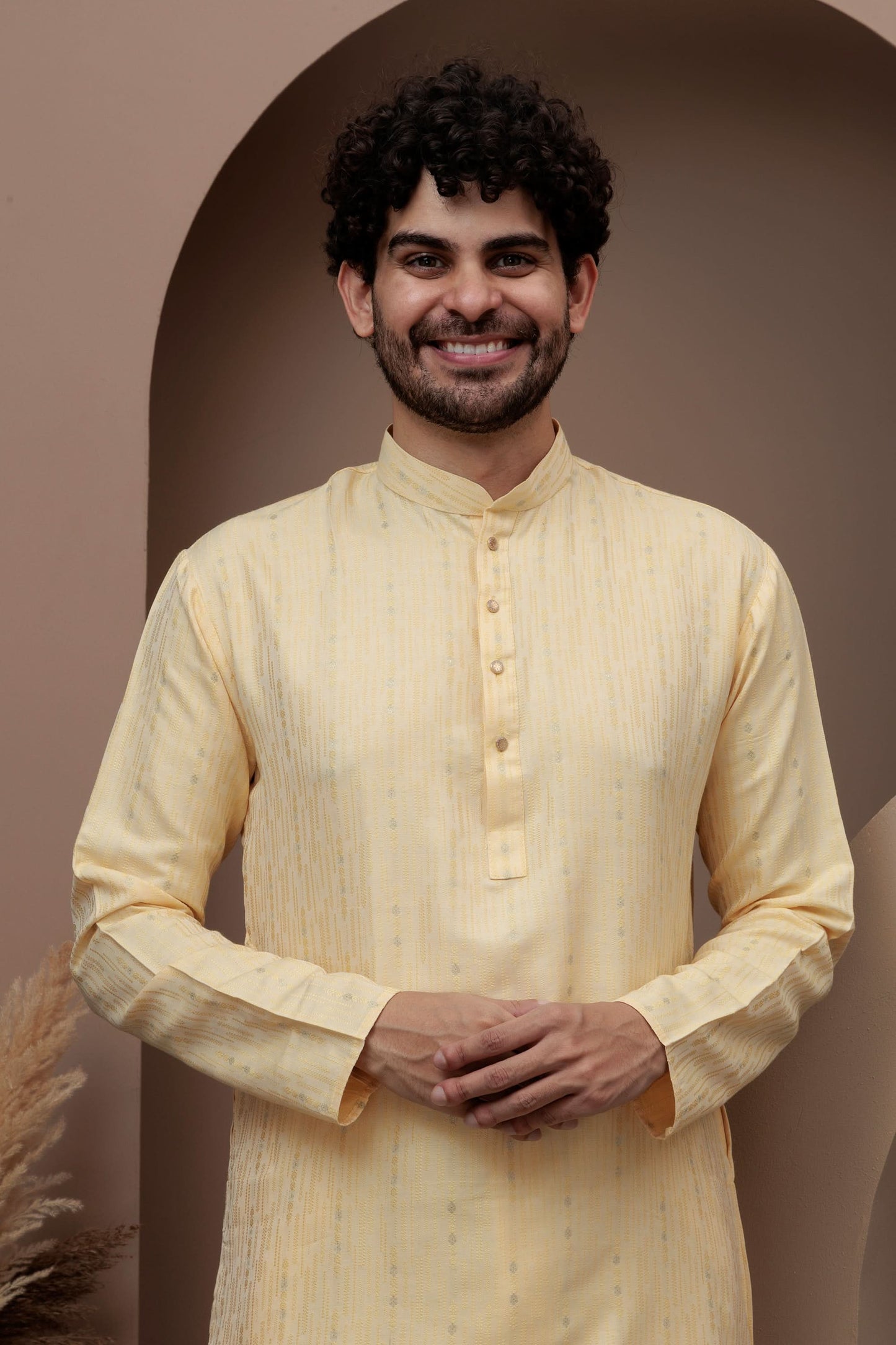 Yellow cotton silk kurta pajama for festive occasions