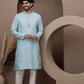Blue cotton silk kurta pajama  with embroided neck for festive occasions