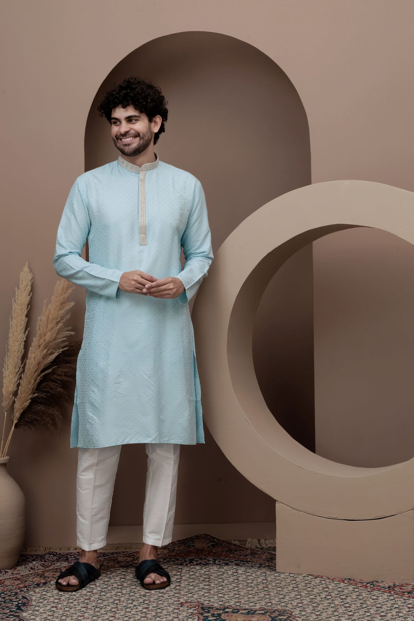 Blue cotton silk kurta pajama  with embroided neck for festive occasions
