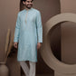 Blue cotton silk kurta pajama  with embroided neck for festive occasions