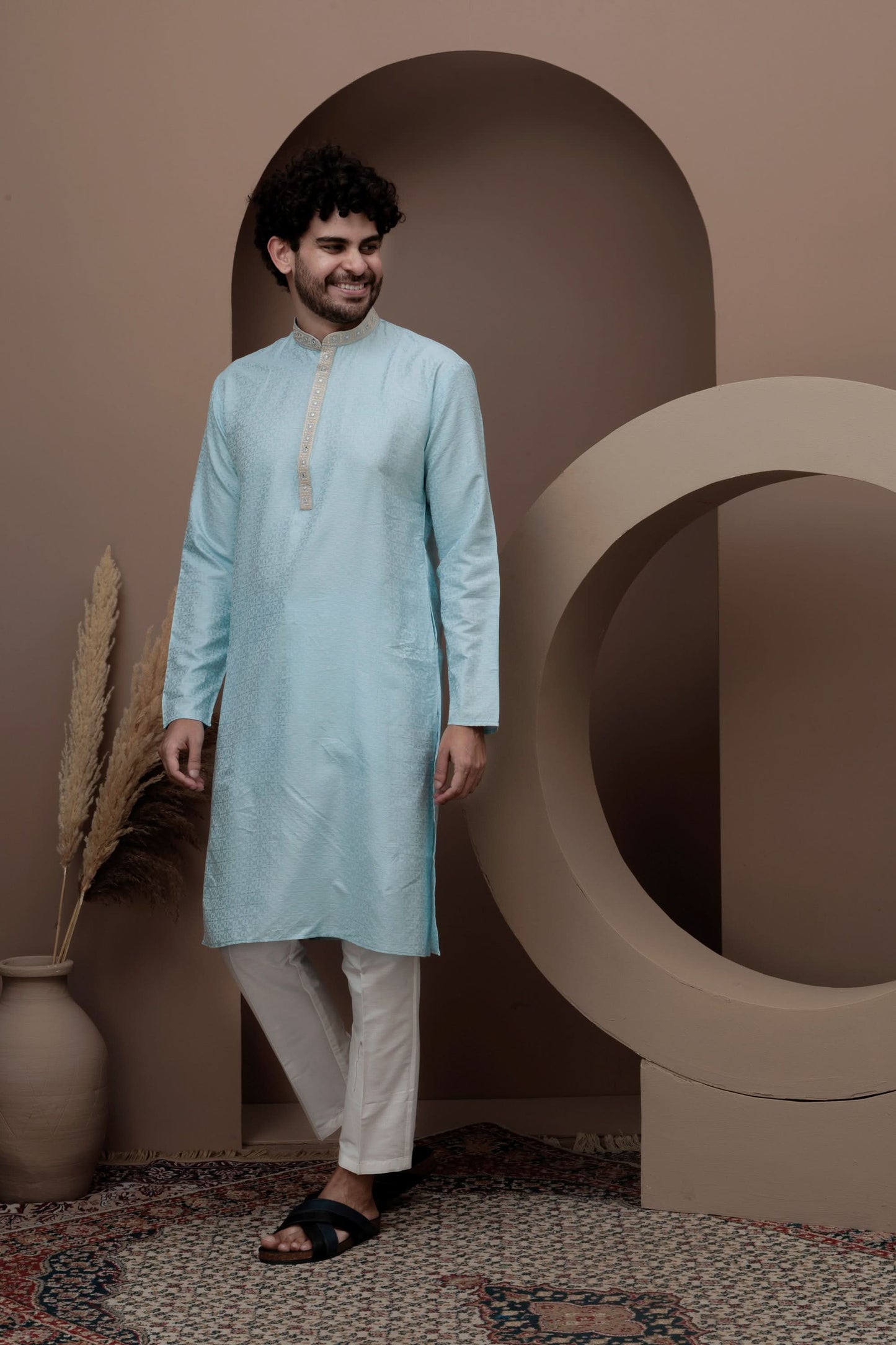 Blue cotton silk kurta pajama  with embroided neck for festive occasions