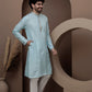 Blue cotton silk kurta pajama  with embroided neck for festive occasions