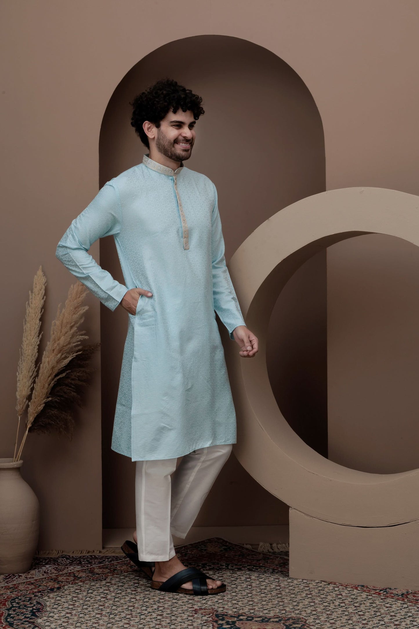 Blue cotton silk kurta pajama  with embroided neck for festive occasions