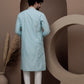 Blue cotton silk kurta pajama  with embroided neck for festive occasions