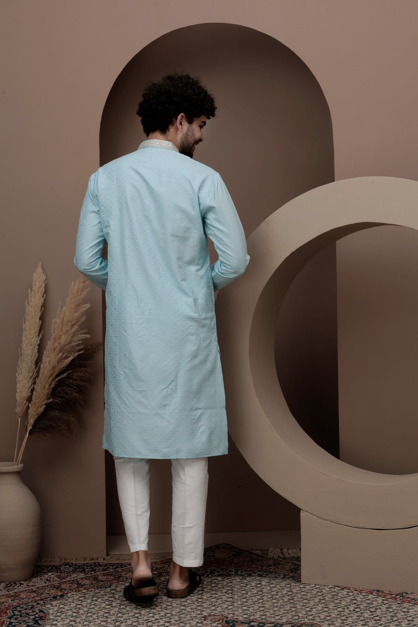 Blue cotton silk kurta pajama  with embroided neck for festive occasions