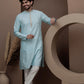 Blue cotton silk kurta pajama  with embroided neck for festive occasions