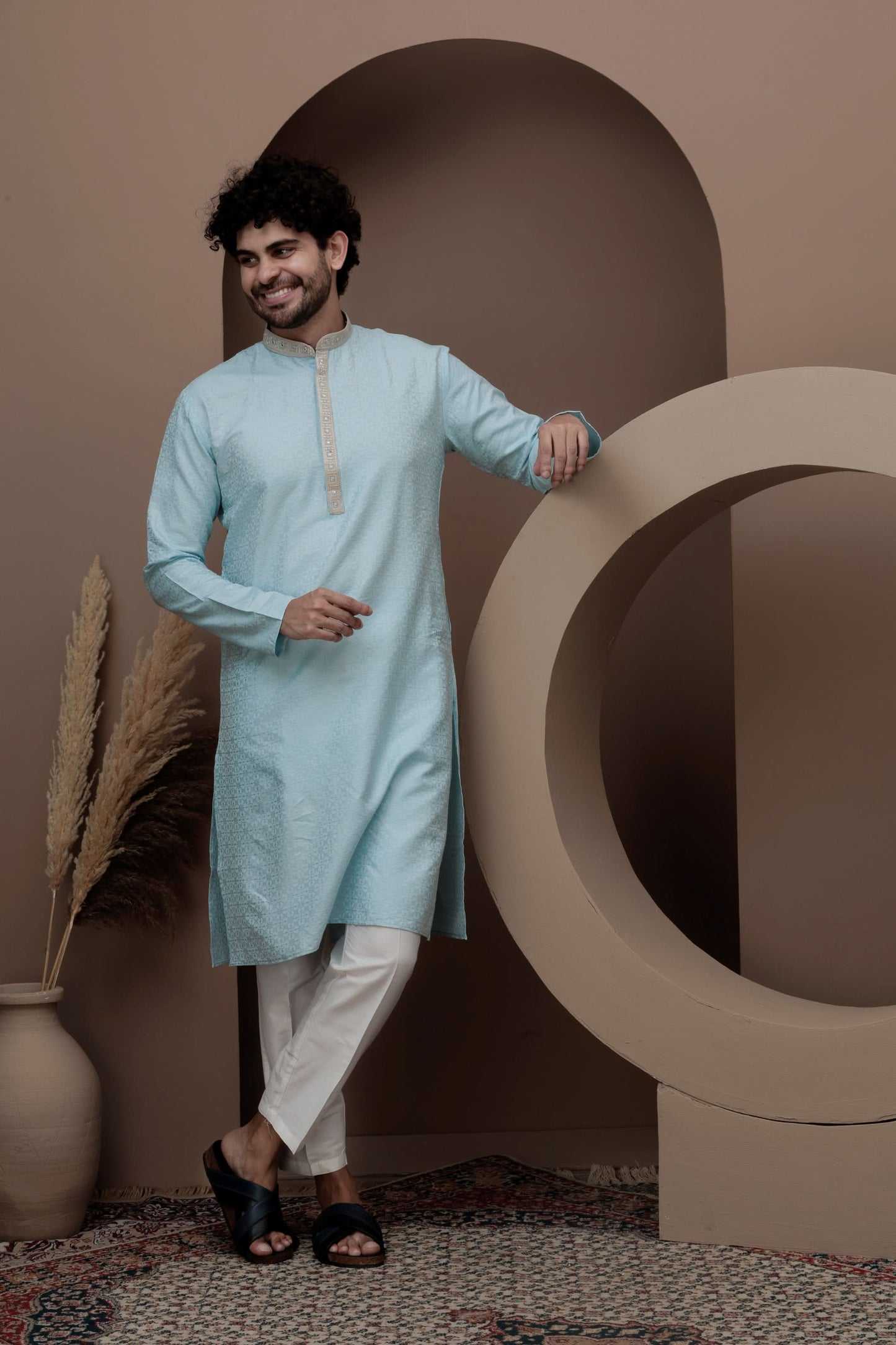 Blue cotton silk kurta pajama  with embroided neck for festive occasions