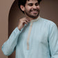 Blue cotton silk kurta pajama  with embroided neck for festive occasions