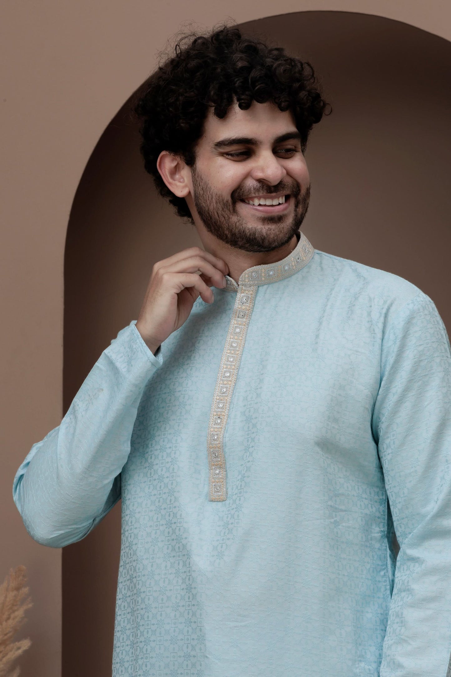 Blue cotton silk kurta pajama  with embroided neck for festive occasions