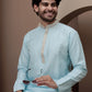 Blue cotton silk kurta pajama  with embroided neck for festive occasions