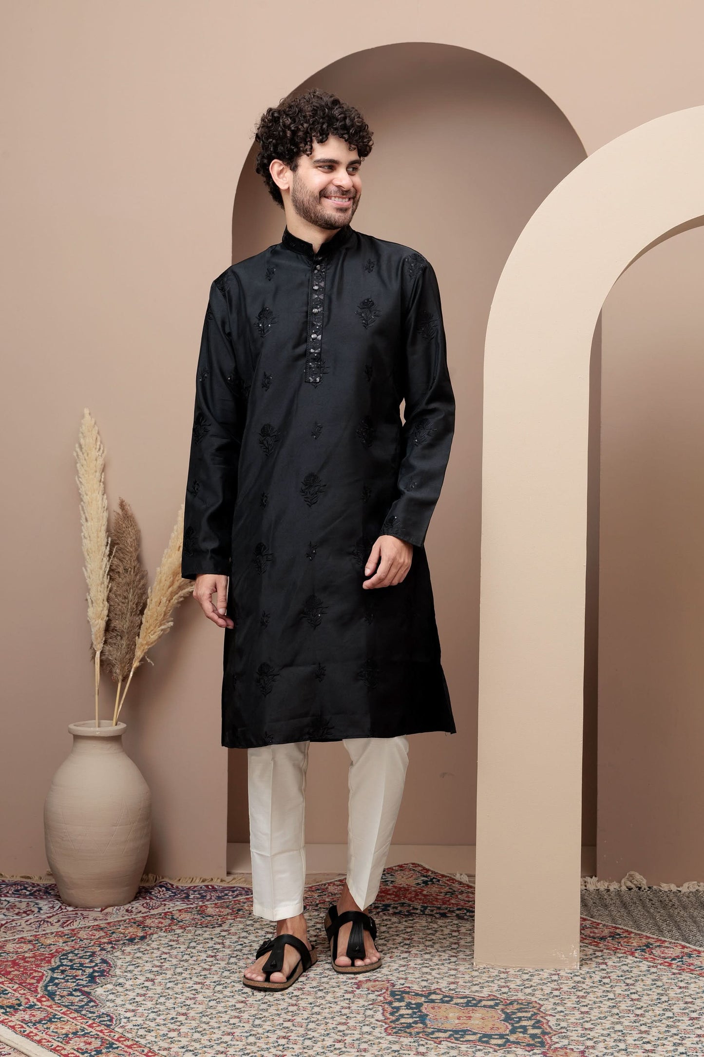 Black cotton silk kurta pajama for festive occasions