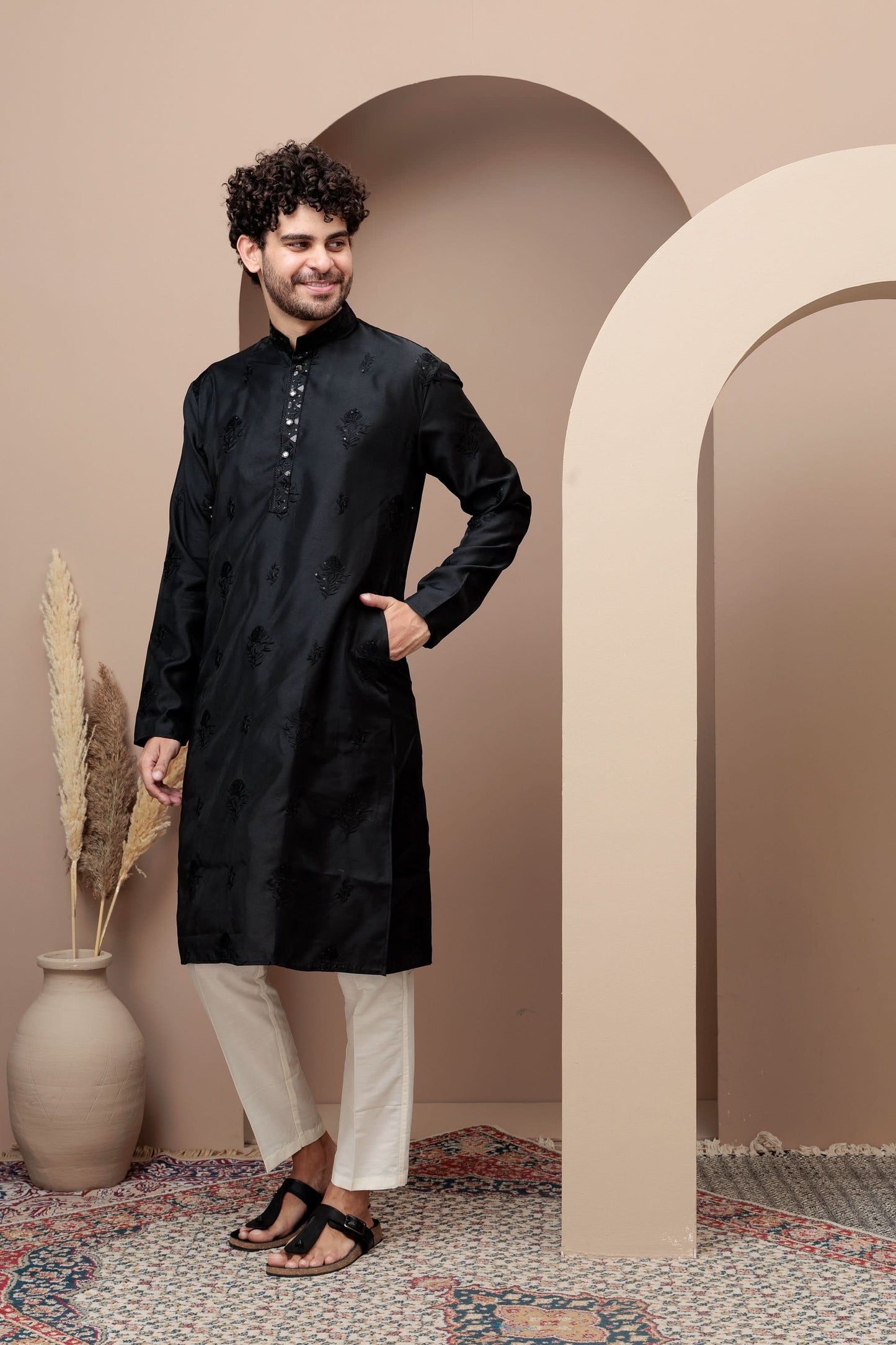 Black cotton silk kurta pajama for festive occasions