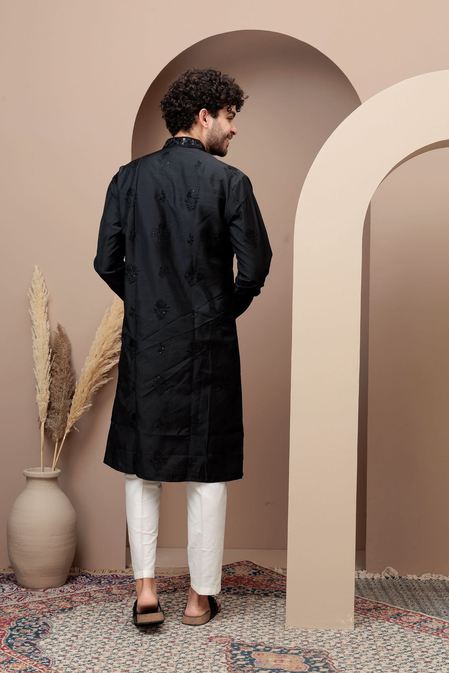 Black cotton silk kurta pajama for festive occasions