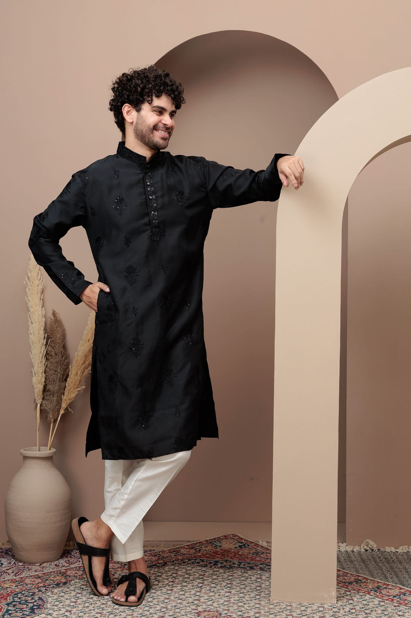 Black cotton silk kurta pajama for festive occasions