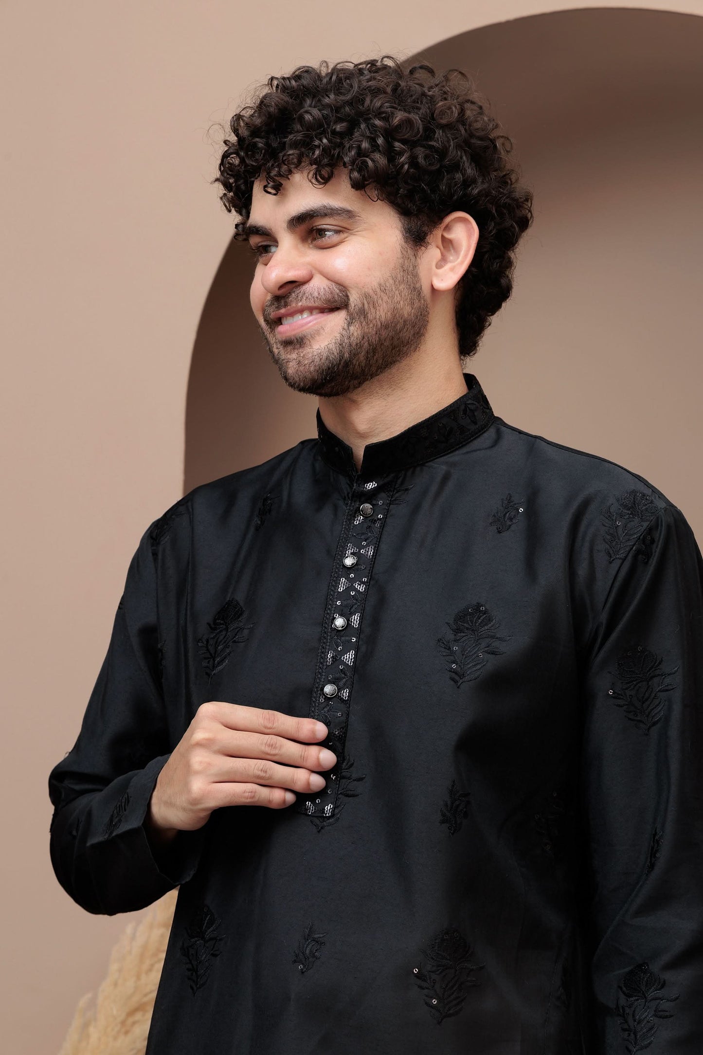 Black cotton silk kurta pajama for festive occasions