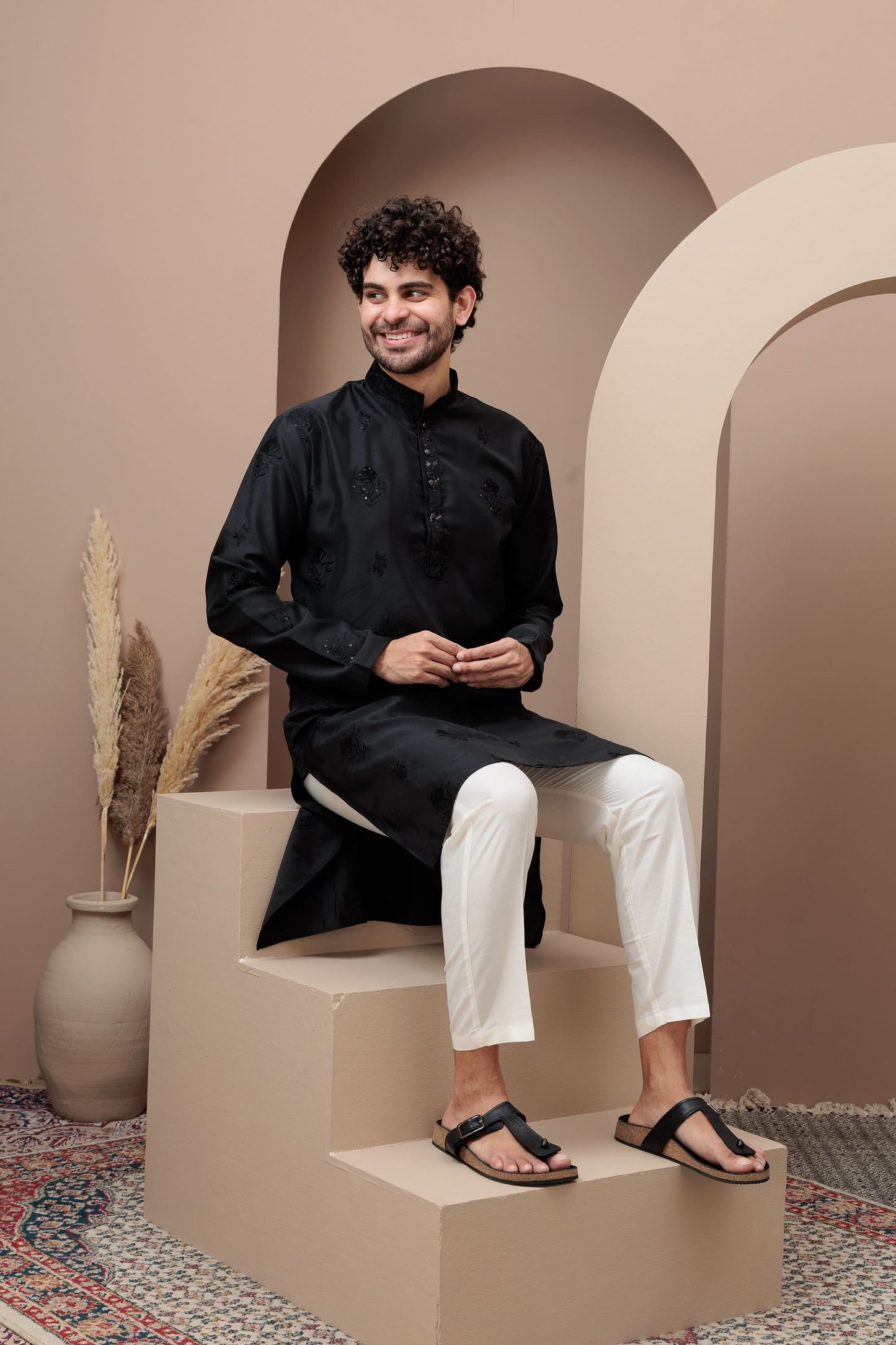 Black cotton silk kurta pajama for festive occasions