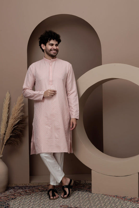 Pink cotton silk kurta pajama for festive occasions