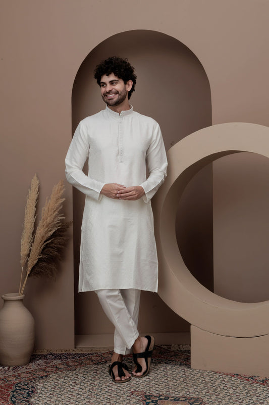 White cotton silk kurta pajama for festive occasions