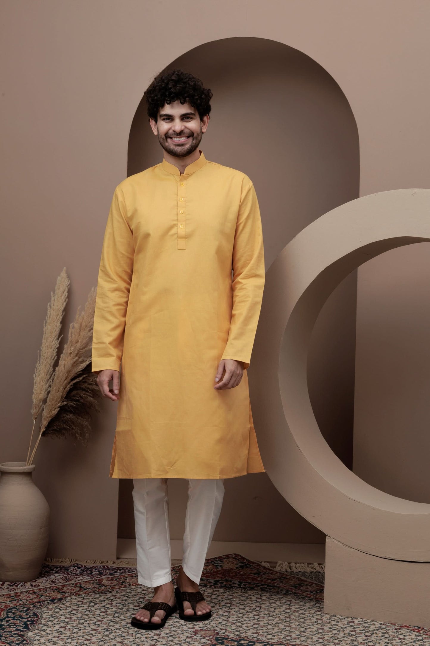 Yellow cotton silk kurta pajama for festive occasions