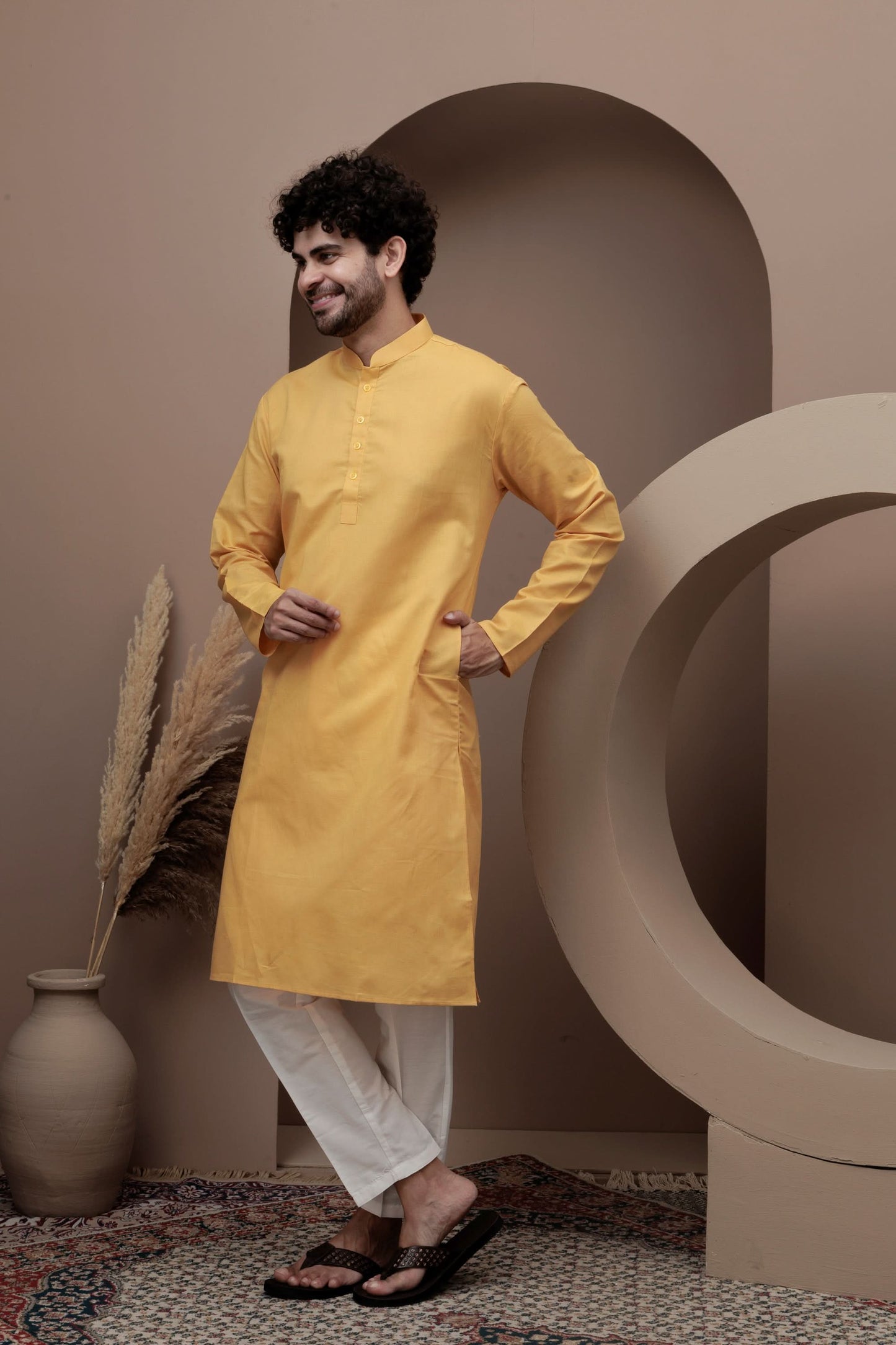 Yellow cotton silk kurta pajama for festive occasions