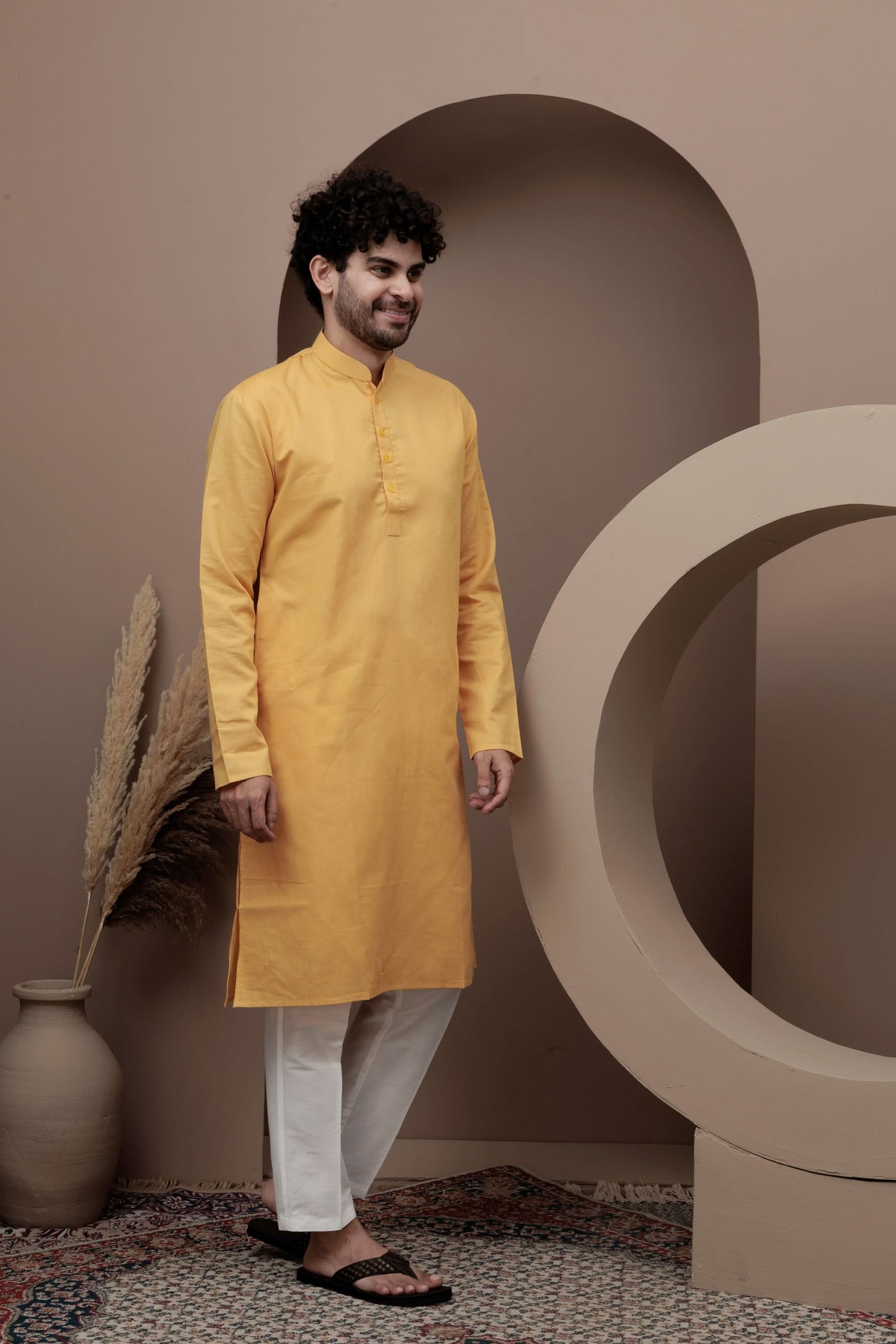 Yellow cotton silk kurta pajama for festive occasions