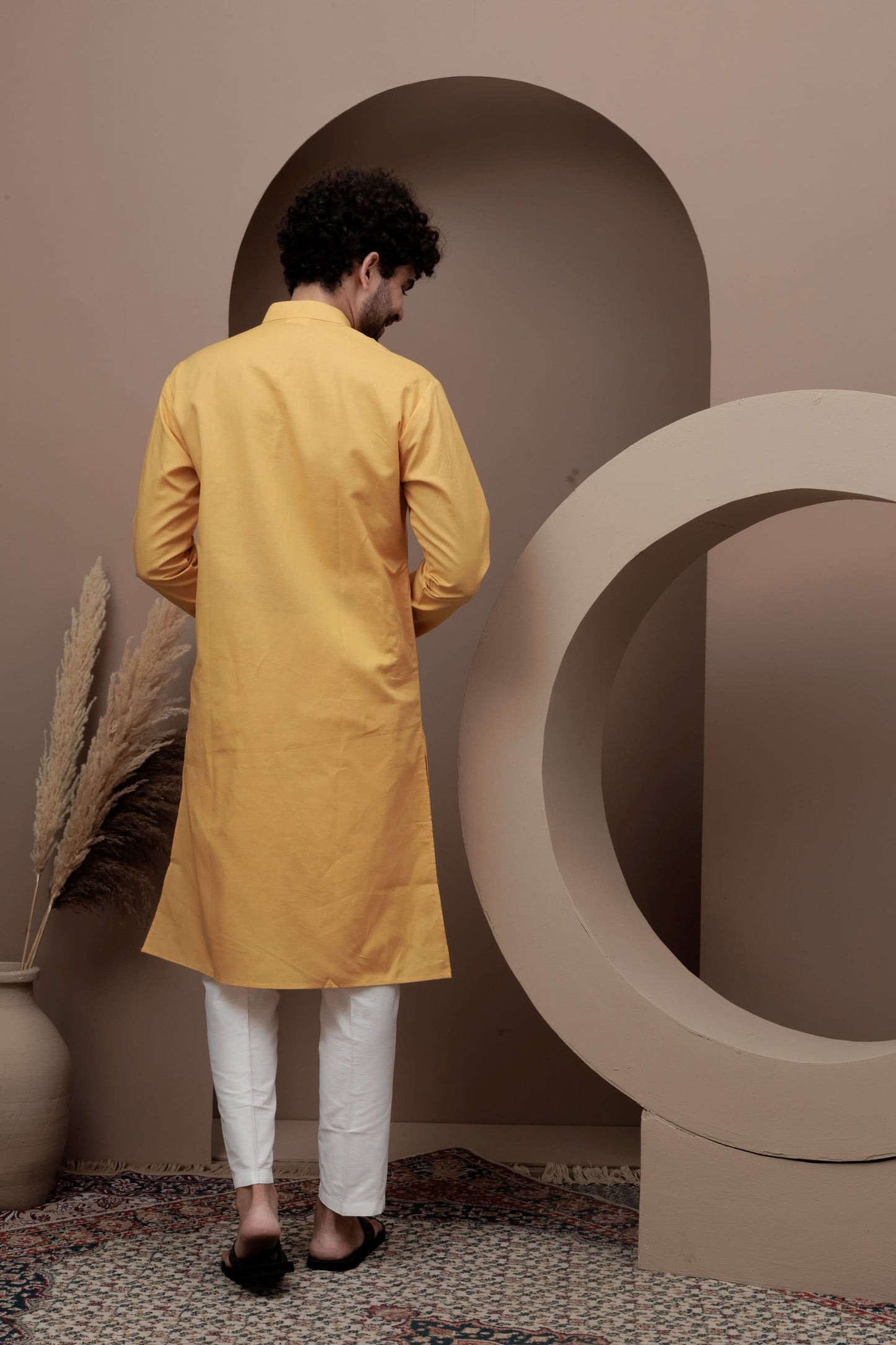 Yellow cotton silk kurta pajama for festive occasions