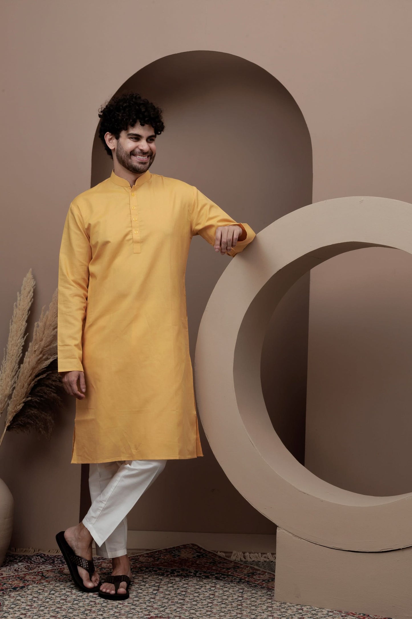Yellow cotton silk kurta pajama for festive occasions