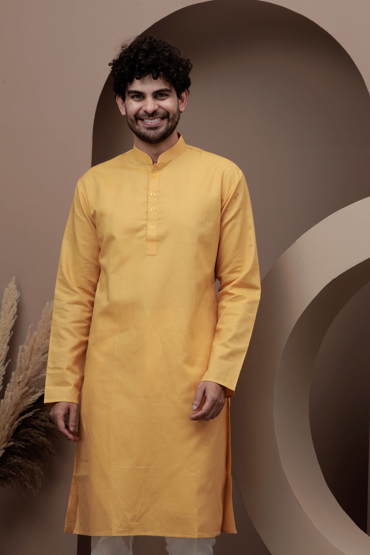 Yellow cotton silk kurta pajama for festive occasions