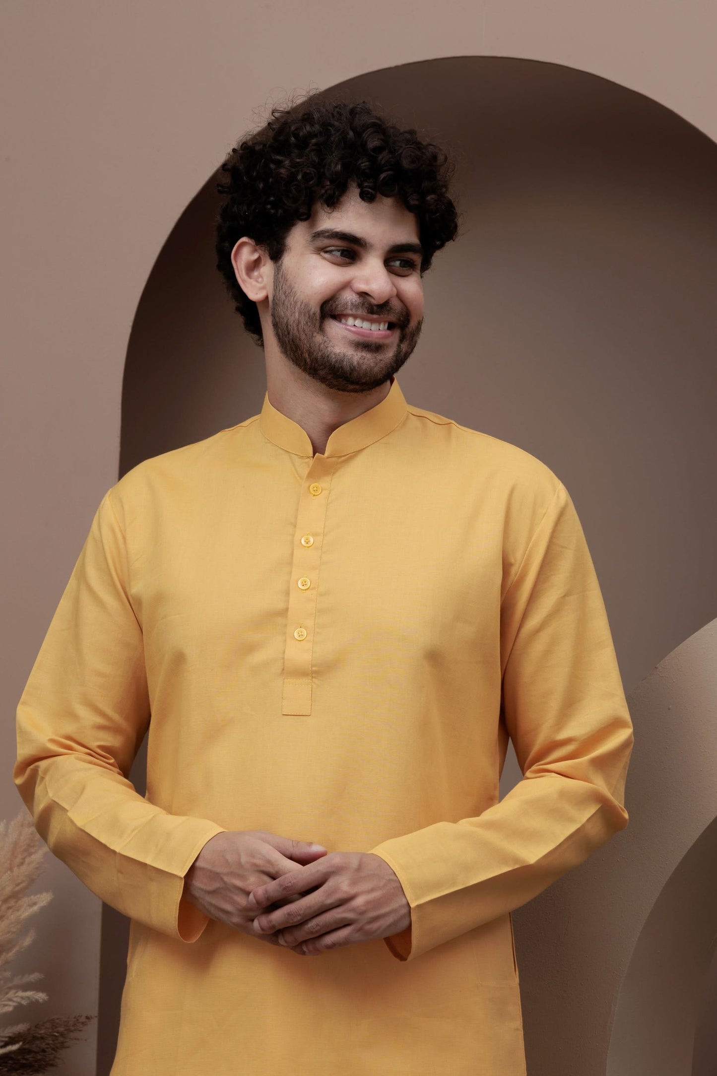 Yellow cotton silk kurta pajama for festive occasions