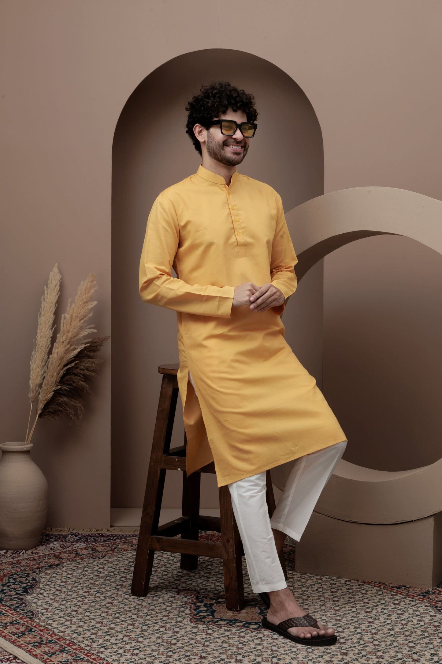 Yellow cotton silk kurta pajama for festive occasions