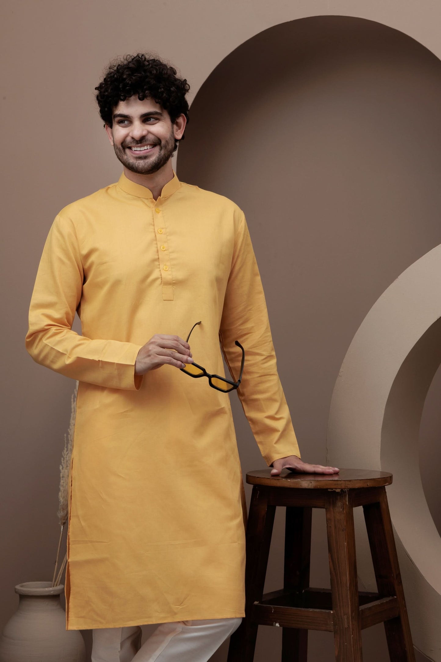 Yellow cotton silk kurta pajama for festive occasions
