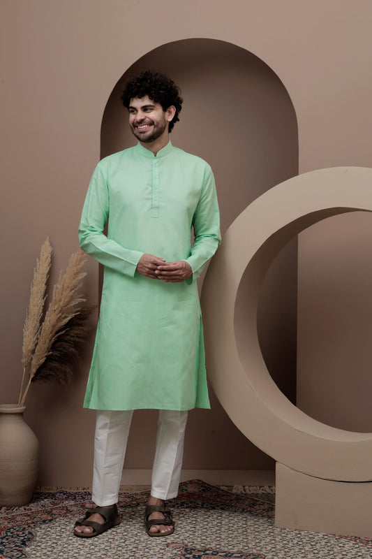 Green cotton silk kurta pajama for festive occasions