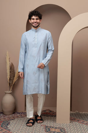 Aqua Blue cotton silk kurta pajama for festive occasions