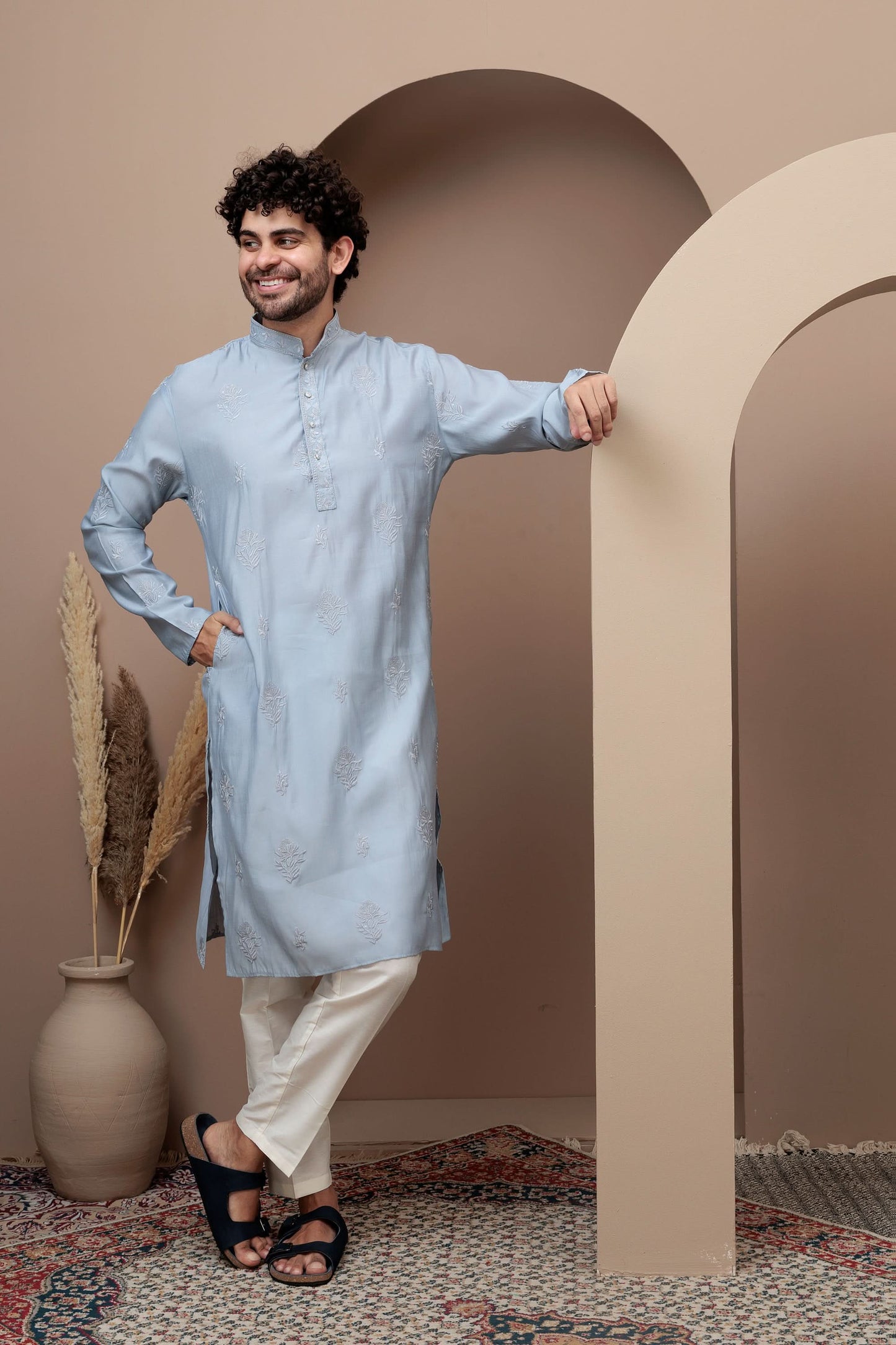 Aqua Blue cotton silk kurta pajama for festive occasions