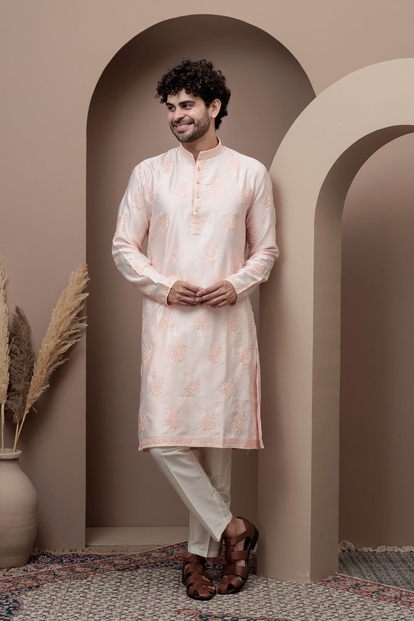 Peach cotton silk kurta pajama for festive occasions