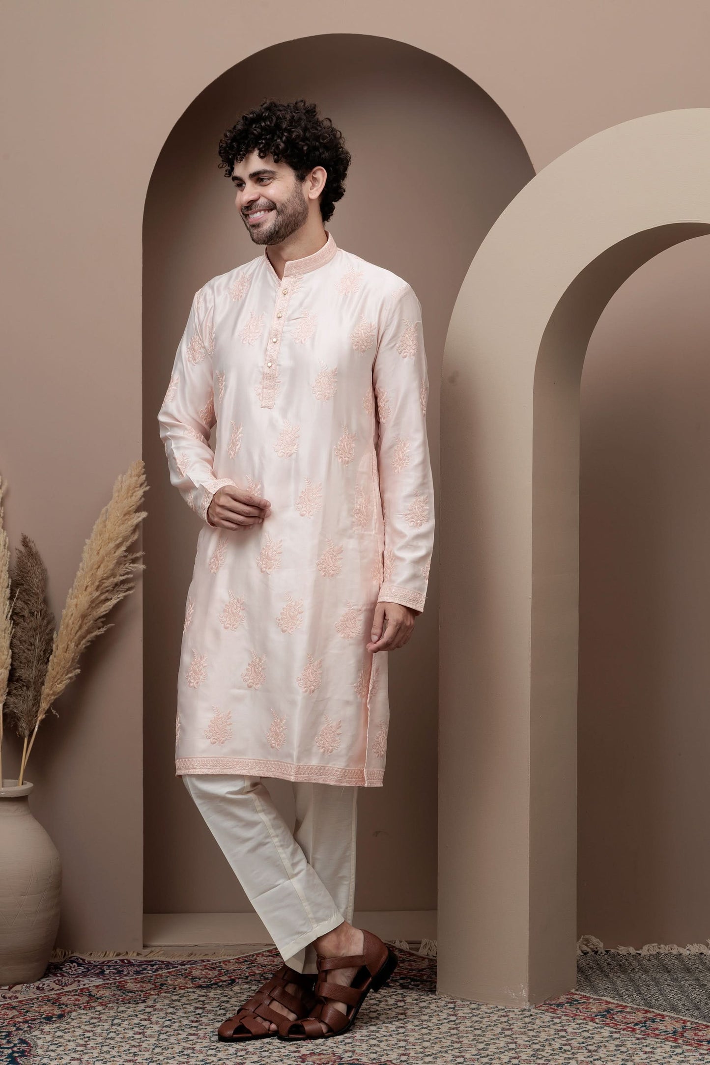 Peach cotton silk kurta pajama for festive occasions
