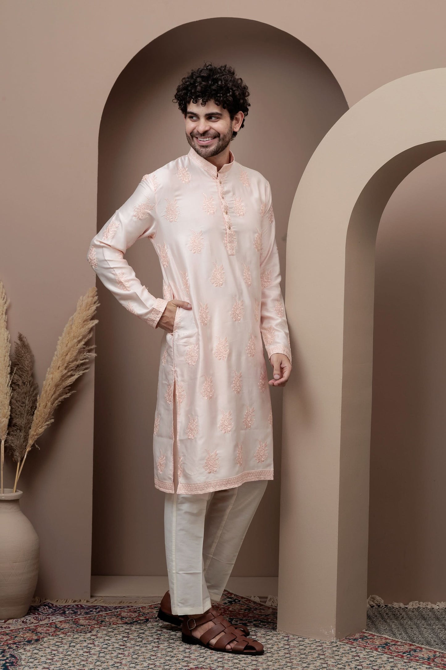 Peach cotton silk kurta pajama for festive occasions