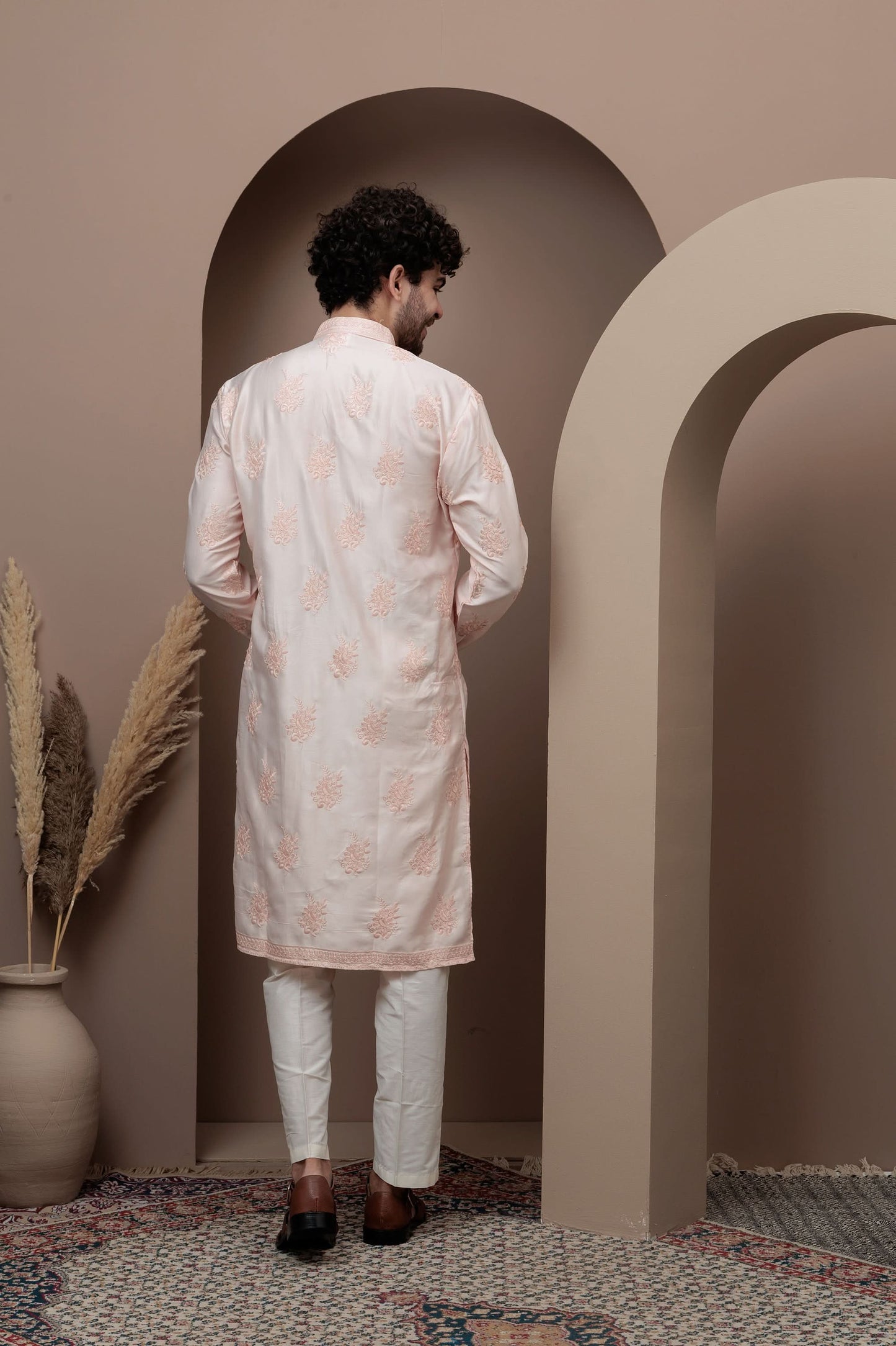 Peach cotton silk kurta pajama for festive occasions