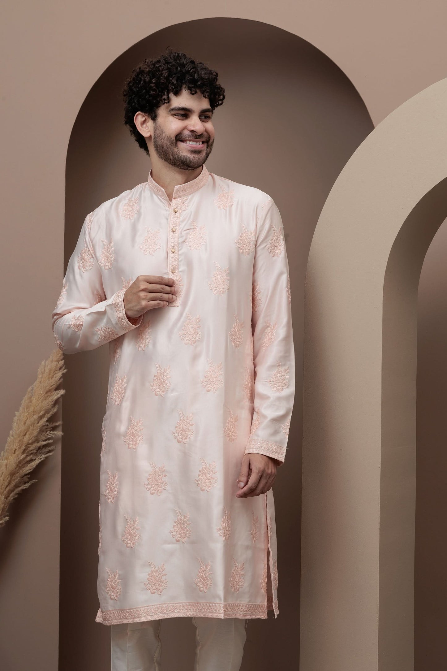 Peach cotton silk kurta pajama for festive occasions
