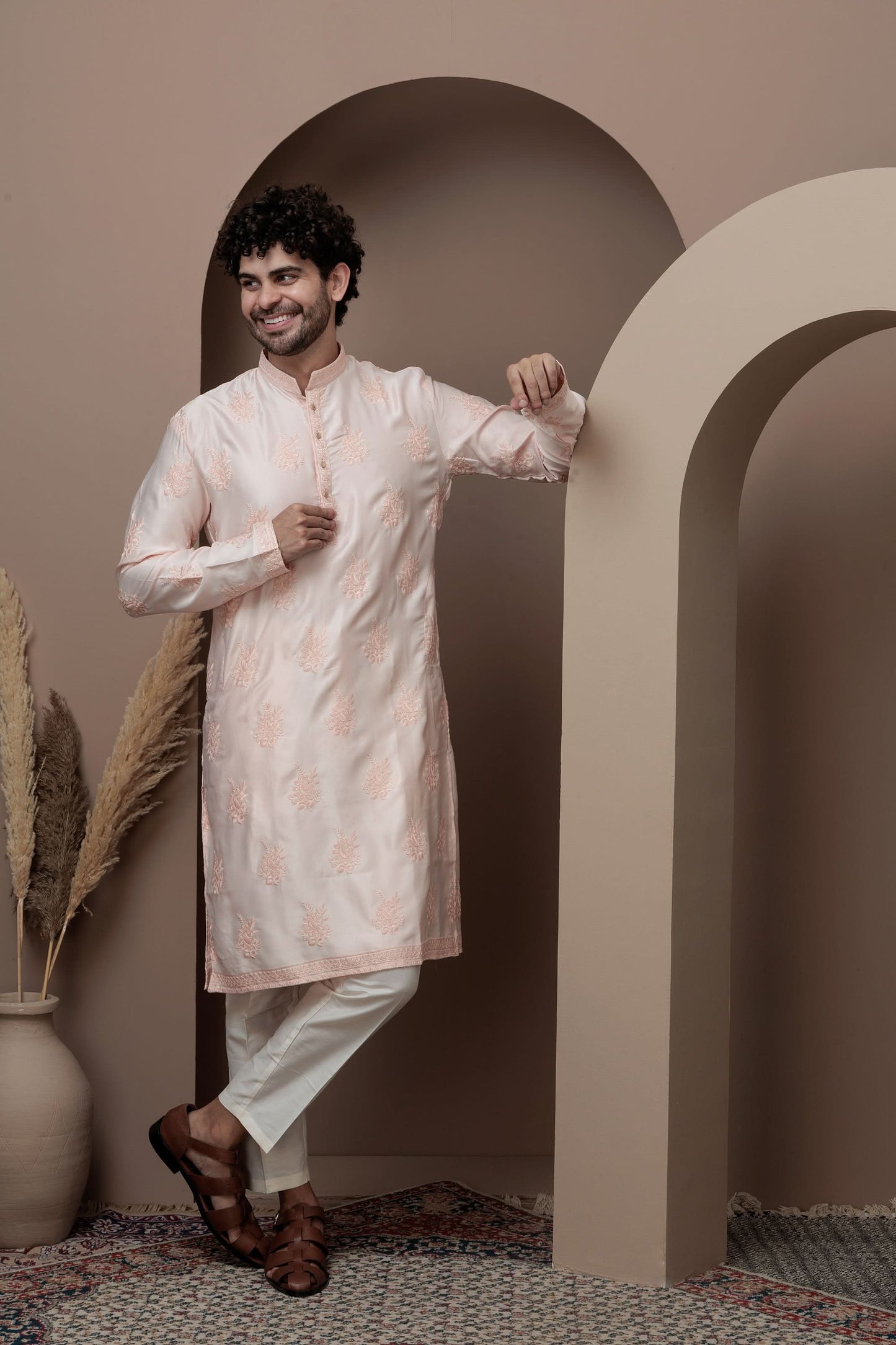Peach cotton silk kurta pajama for festive occasions