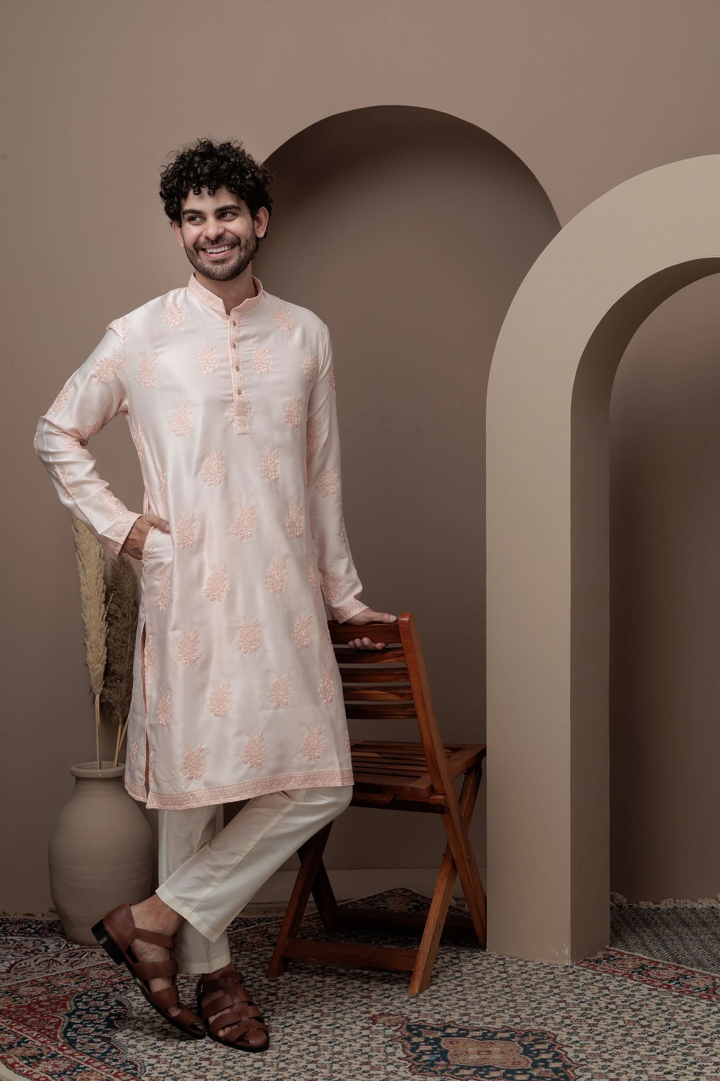 Peach cotton silk kurta pajama for festive occasions