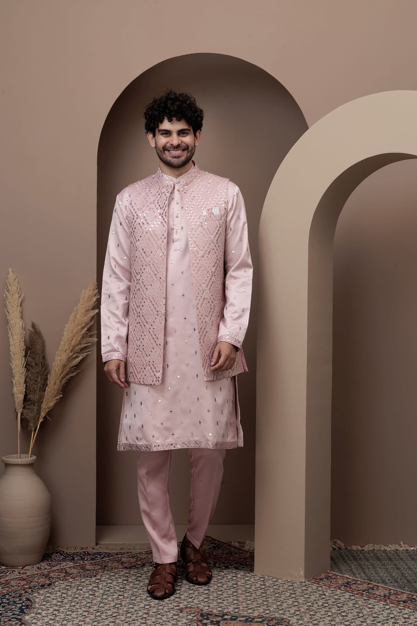 Pink cotton kurta pajama with matching embroidered jacket
