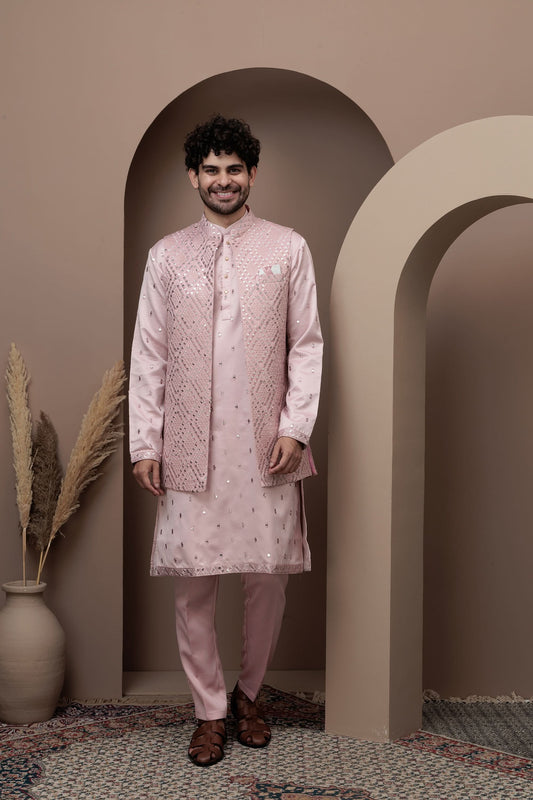 Pink cotton kurta pajama with matching embroidered jacket