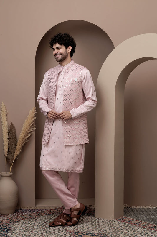 Pink cotton kurta pajama with matching embroidered jacket