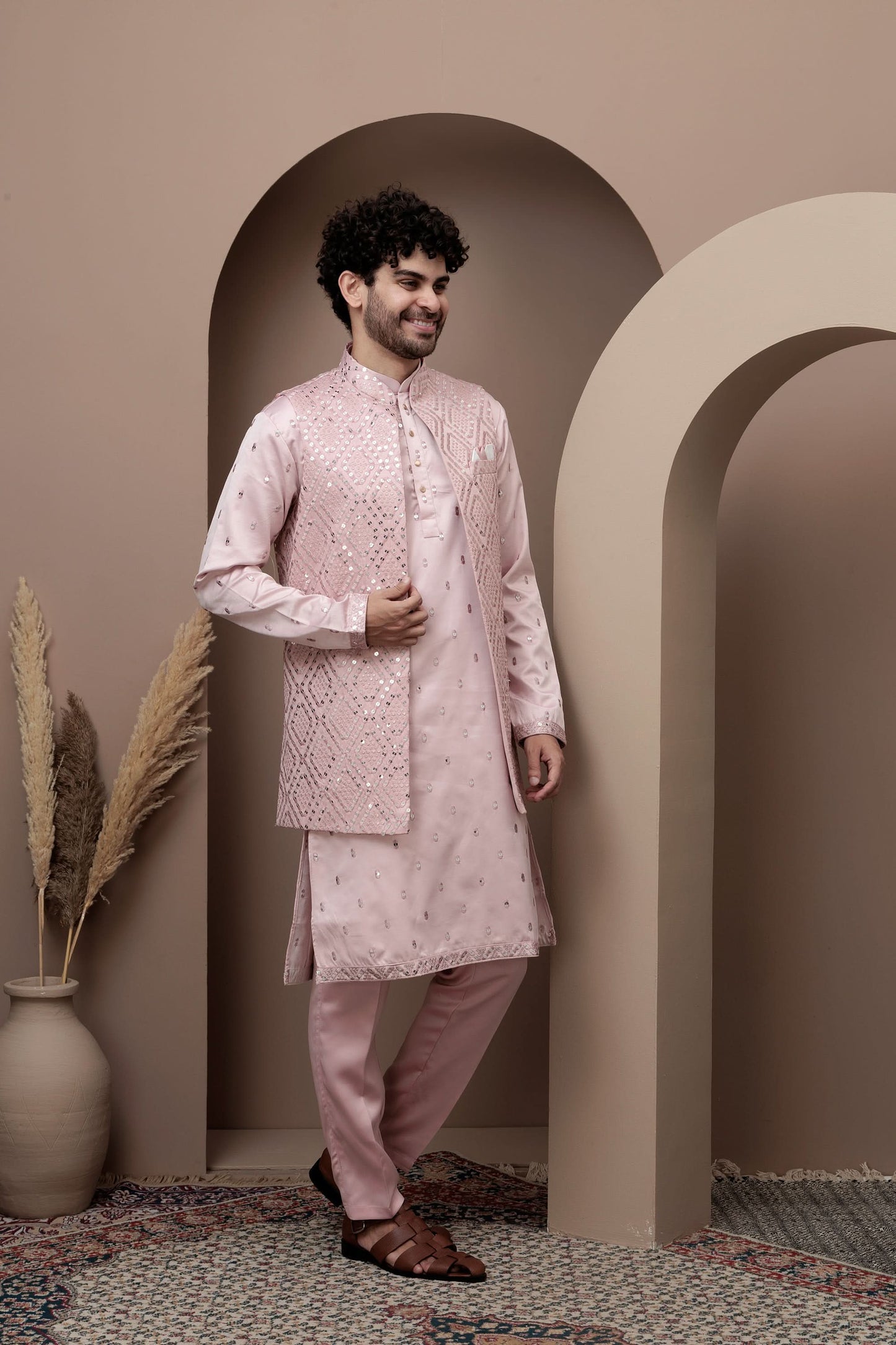 Pink cotton kurta pajama with matching embroidered jacket